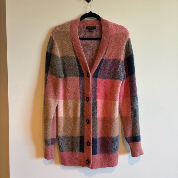 Ann Taylor Pink Plaid Boyfriend Cardigan XS Fuzzy Cozy Grandpacore - Picture 5 of 9